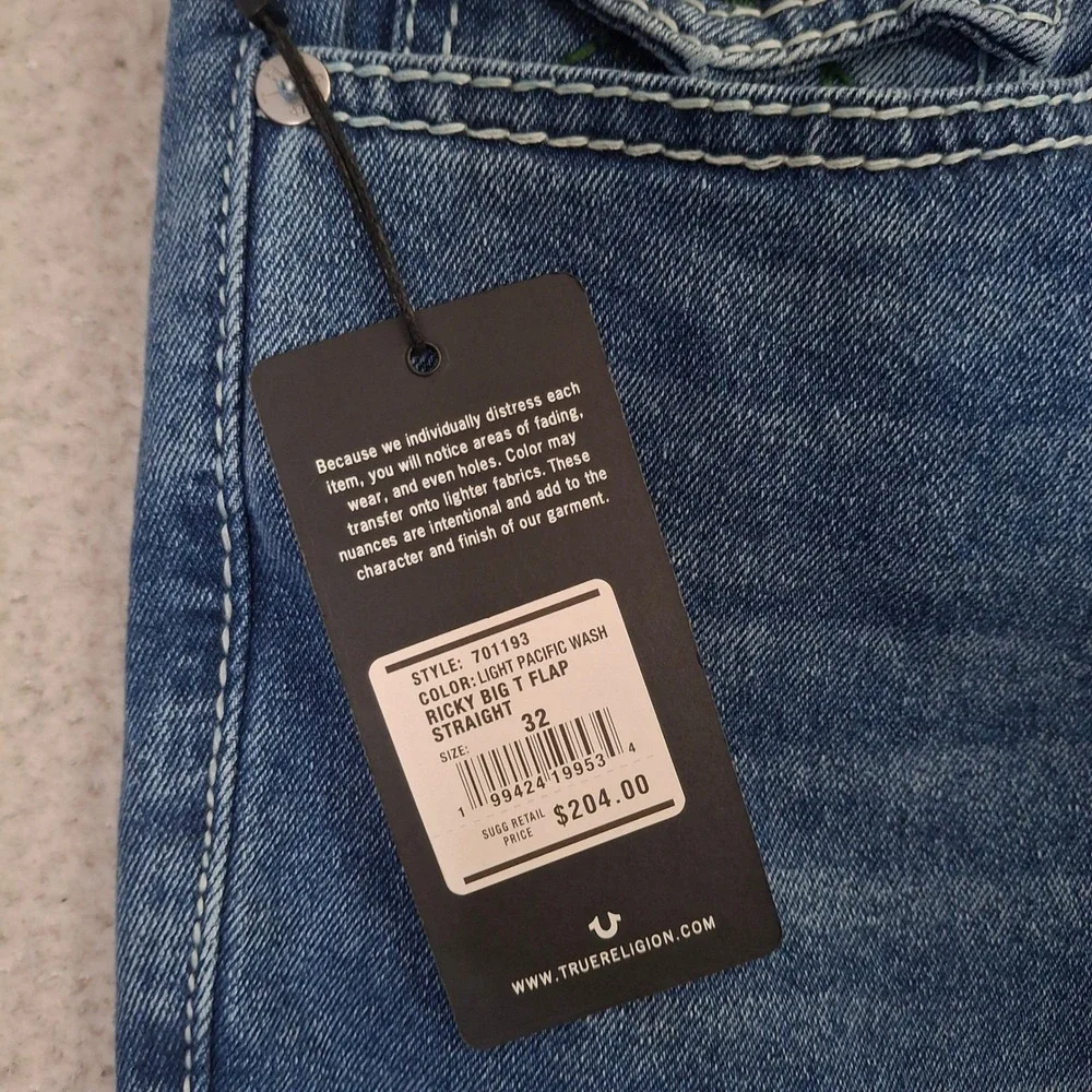 True Religion Ricky Relaxed Straight Big T Flap Jeans 32x34 Light Pacific Wash